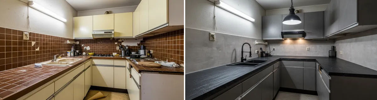 Avant apres covering cuisine carrelage marron vers style beton industriel