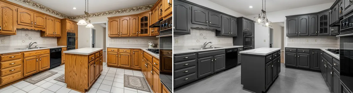 Avant apres covering cuisine chene annees 90 vers gris anthracite