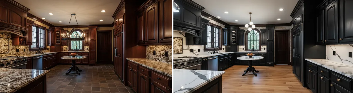 Avant apres covering cuisine cherry bois sombre vers noir mat luxe marbre
