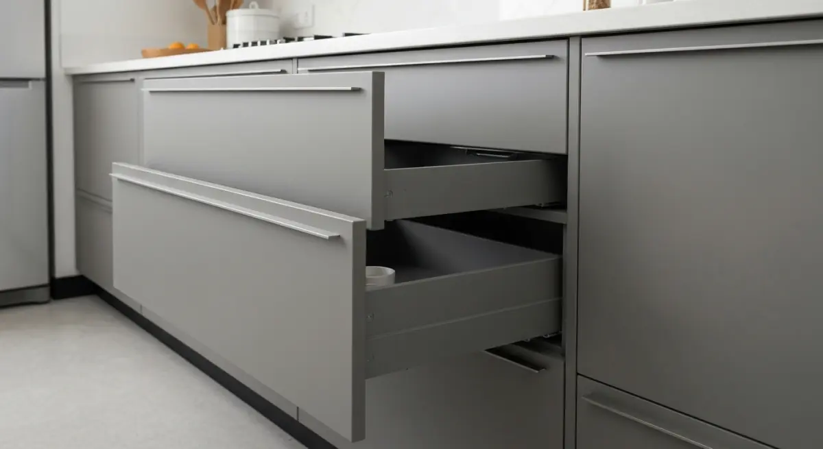 Tiroirs de cuisine modernes recouverts de film adhesif gris mat