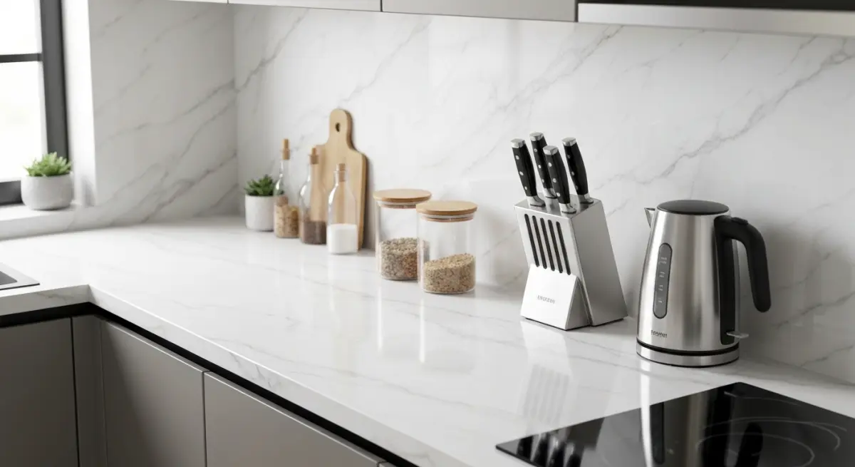 Plan de travail recouvert de film adhesif effet marbre