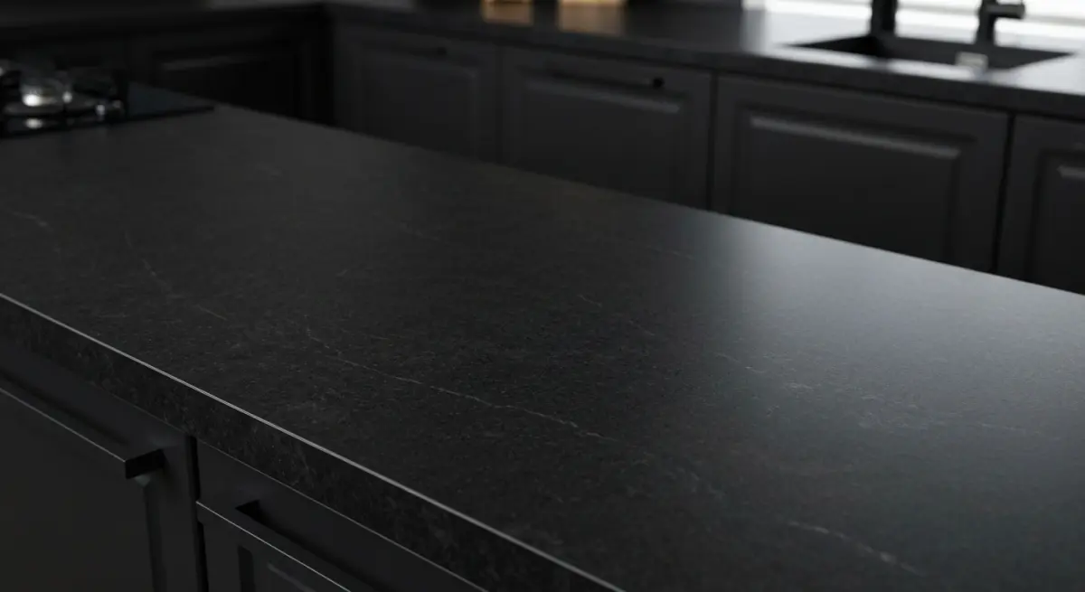 Plan de travail recouvert de film adhesif effet granit noir