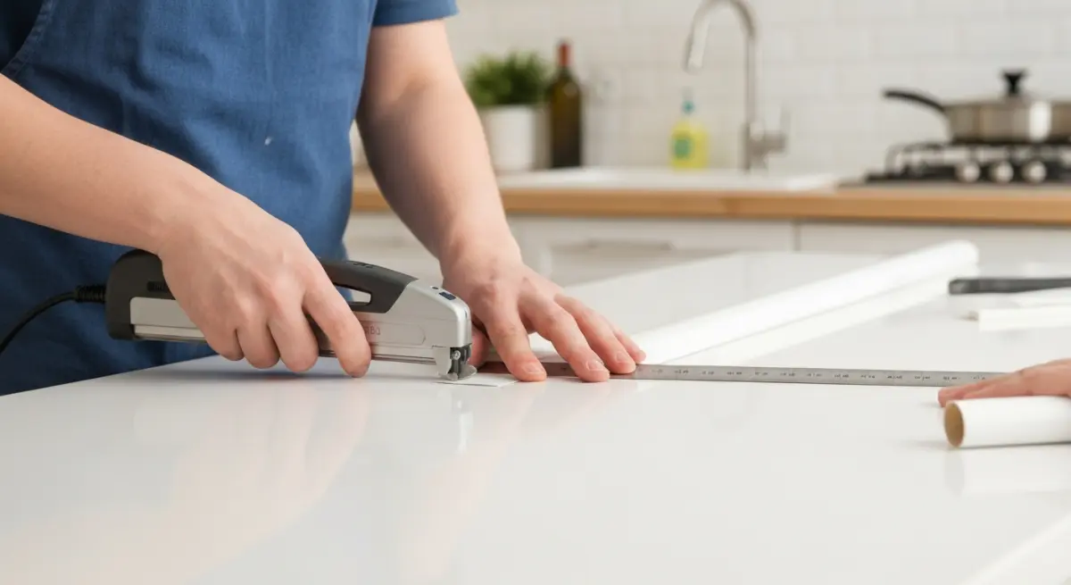 Decoupe de film adhesif pour meuble de cuisine avec cutter de precision